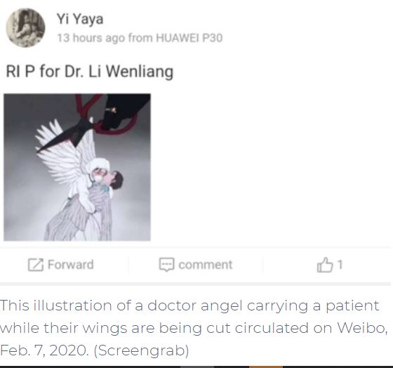 Seorang pengguna Weibo mengunggah ilustrasi seorang dokter dengan sayap malaikat mengangkat seorang pasien. Lalu sebuah tangan muncul dari langit dengan gunting, memotong sayap mereka.