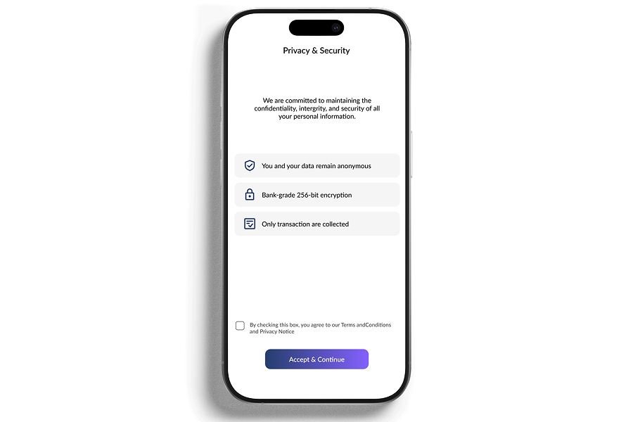A mockup of the NeoSpend app's security screen, highlighting features like Face ID, data encryption, and privacy controls.