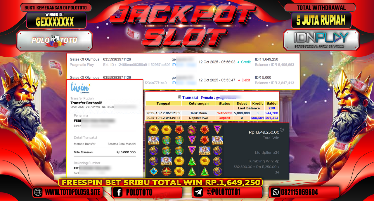 POLOTOTO JACKPOT SLOT GATES OF OLYMPUS Rp.5.000.000,- LUNAS