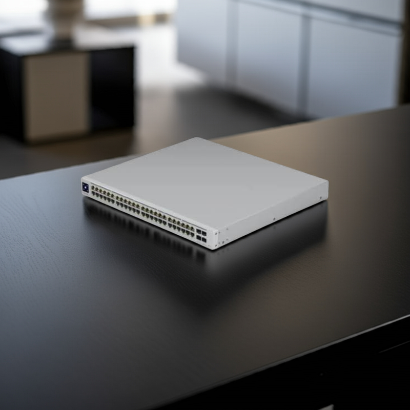 Switch UniFi instalado em um ambiente profissional