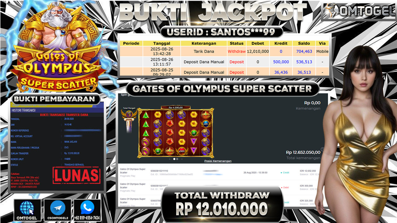 OMTOGEL JACKPOT PRAGMATIC PLAY GATES OF OLYMPUS SUPER SCATTER 12 JUTA DI BAYAR LUNAS ,-
