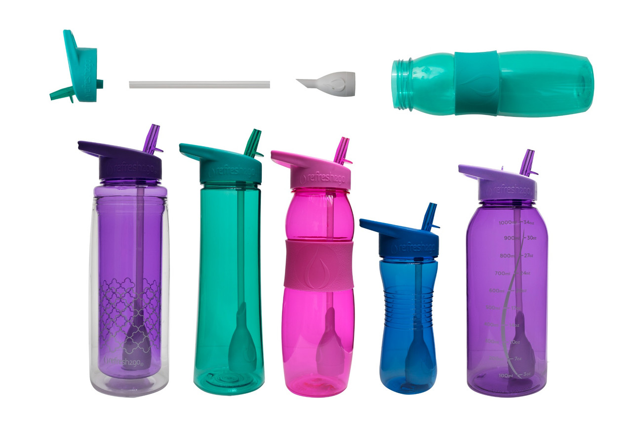 Water bottle parts photographed on a white background for ecommerce product photography