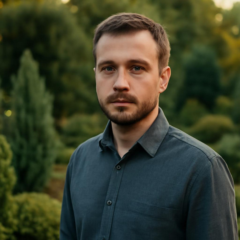 Никита Волков — портрет ландшафтного архитектора в саду с хвойными растениями