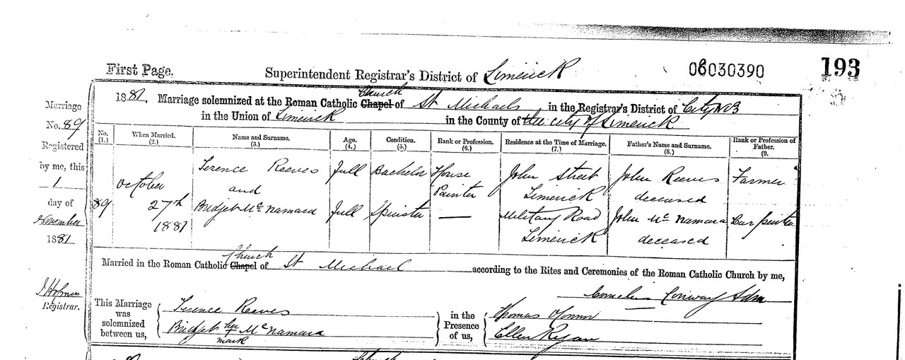 Bridget Mc Namara Terence REEVES Marriage Record