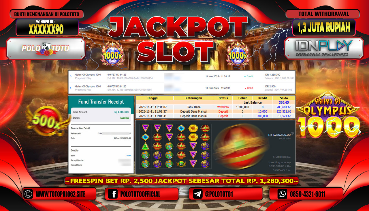 POLOTOTO JACKPOT SLOT GATES OF OLYMPUS 1000 Rp.1.300.000,- LUNAS