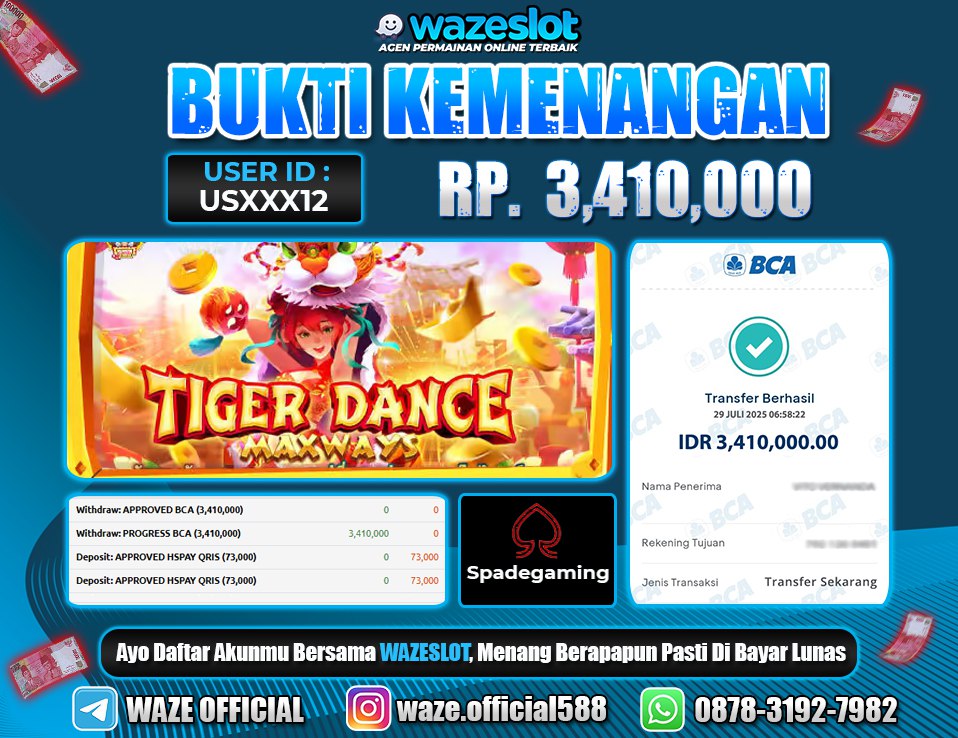 BUKTI KEMENANGAN 29 JULI 2025 GAME  TIGER DANCE ( SPADEGAMING )