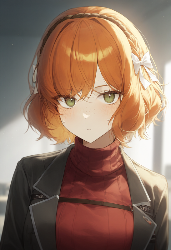 depth of field, 1girl, ishmael (limbus company), short hair, orange hair, {{gree s-4192116717