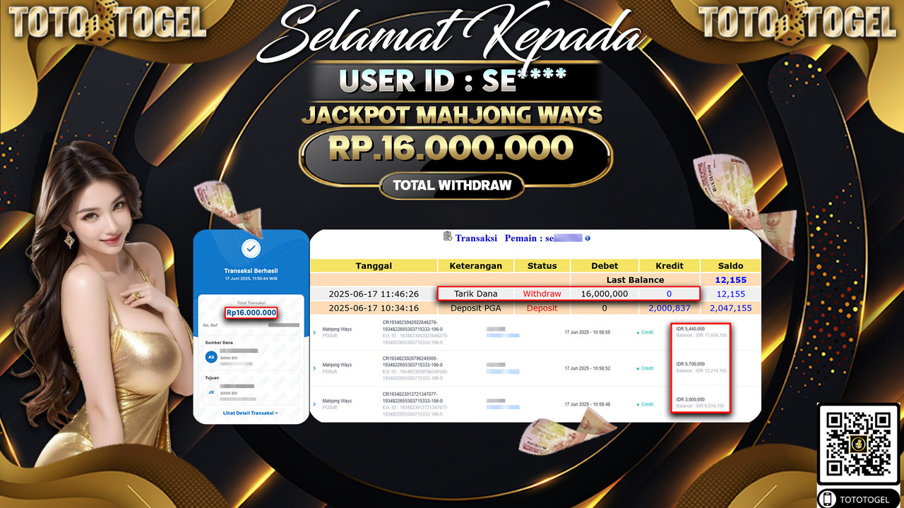 Bukti Pembayaran Jackpot Permainan Slot Mahjong Ways ID:SE***** LUNAS