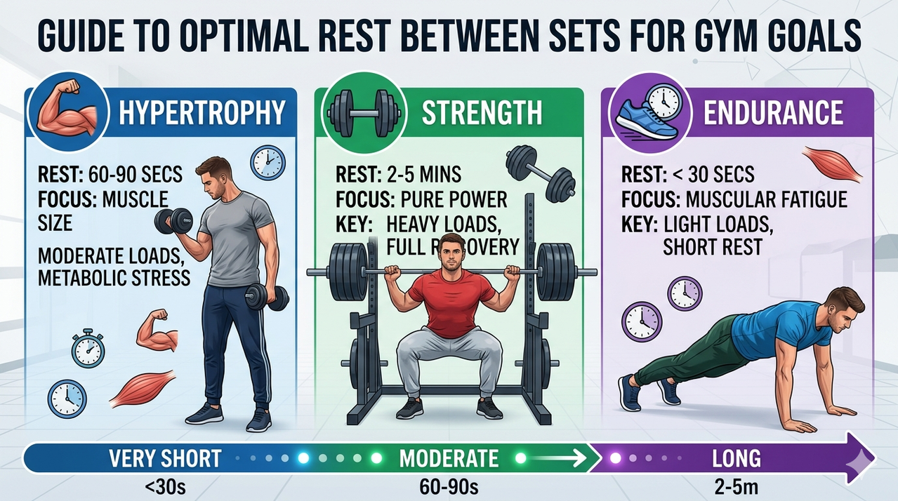 Infographic showing ATP recovery curve with percentage recovery over time, explaining rest time muscle growth and hypertrophy rest time