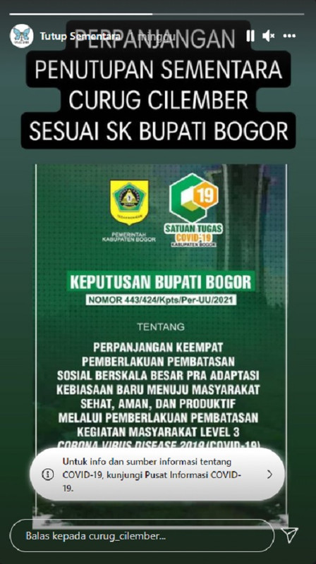 Pengumuman penutupan sementara Curug Cilember.