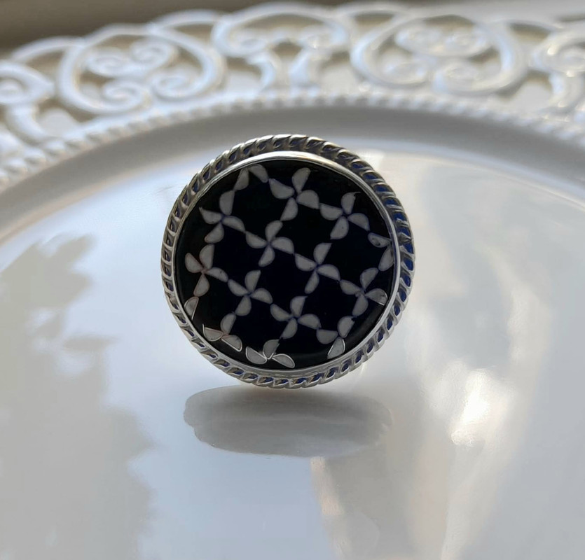 Minankari Ring Black & White Mosaic, Handmade Sterling Silver, Jewelry from Tbilisi - handmade cloisonne enamel