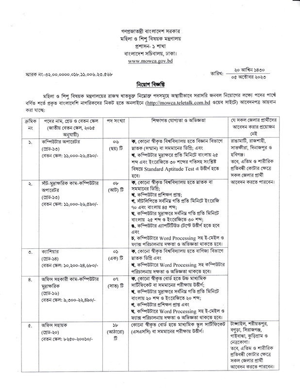 MOWCA job circular 2023
