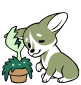 A green corgi getting nibbled on by a plant