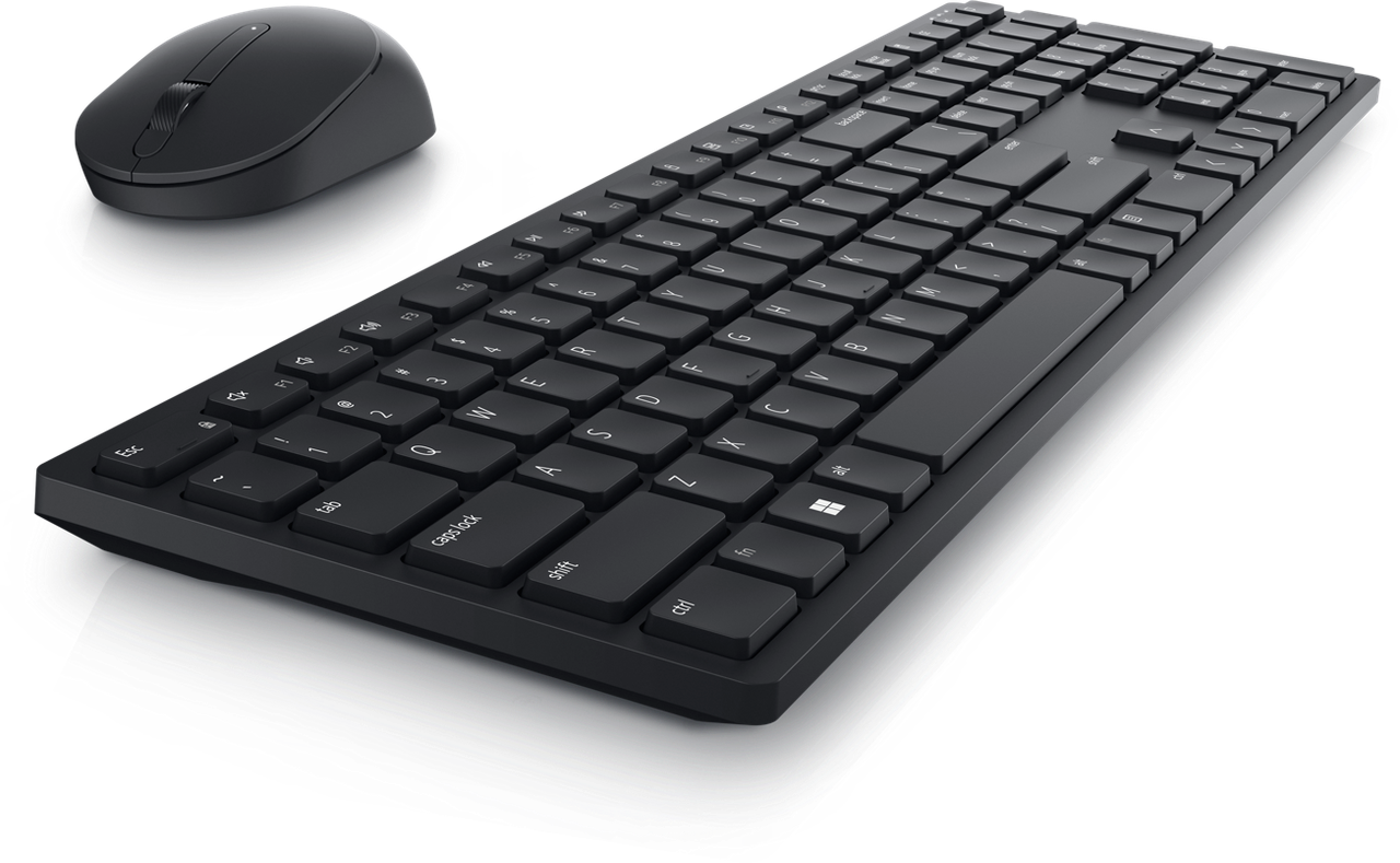 Vista lateral del teclado Dell Pro KM5221W, mostrando su diseño delgado y las patas ajustables.