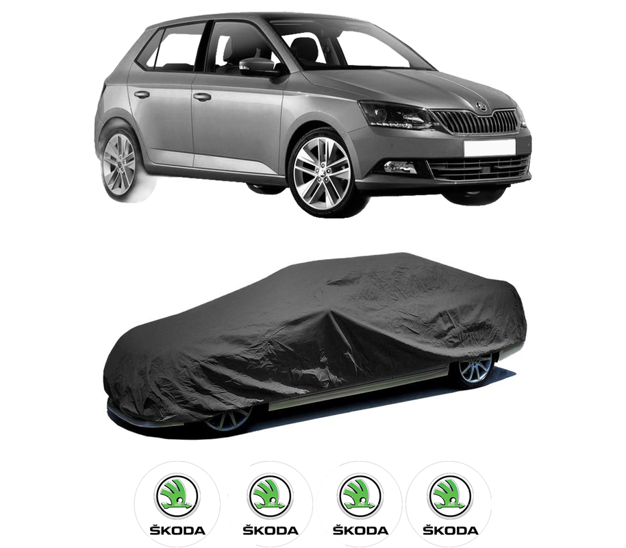 Husa tip prelata auto pentru SKODA FABIA IV (PJ3) din 2021, Culoare Negru, material textil impermeabil, rezistanta la intemperii praf UV, CARPASSION Husa Protectie, 4 Stickere auto cu SKODA