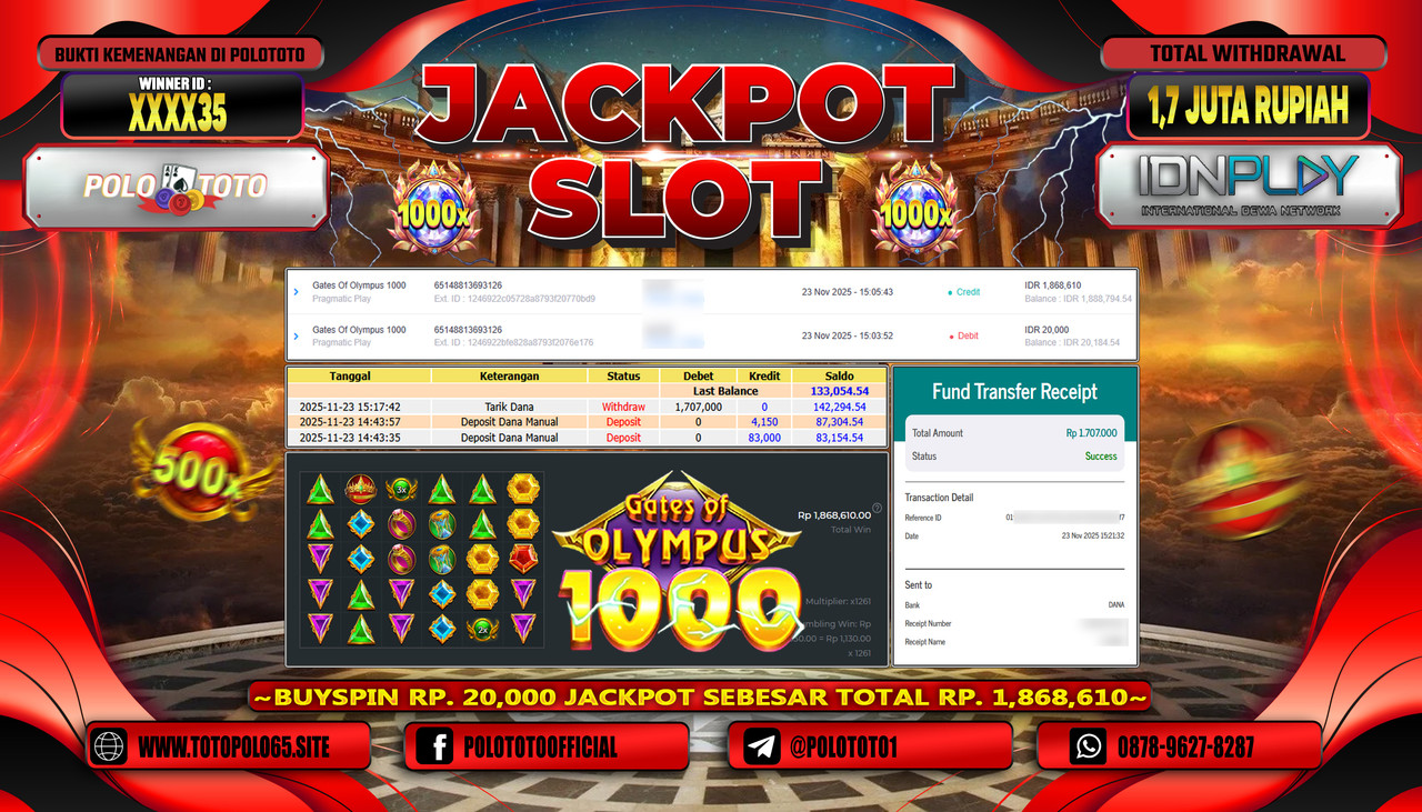 POLOTOTO JACKPOT SLOT GATES OF OLYMPUS 1000 Rp.1.707.000,- LUNAS