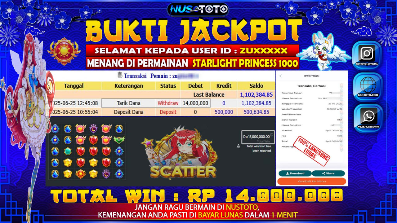 JACKPOT !! MENANG BESAR DI SLOT STARLIGHT PRINCESS 1000 Rp. 14.000.000 LANGSUNG DI BAYAR LUNAS NUSTOTO !!