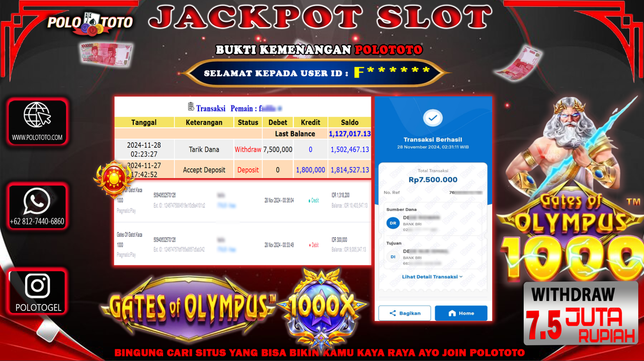 POLOTOTO JACKPOT SLOT GATES OF OLYMPUS 1000 Rp.7,500.000,-