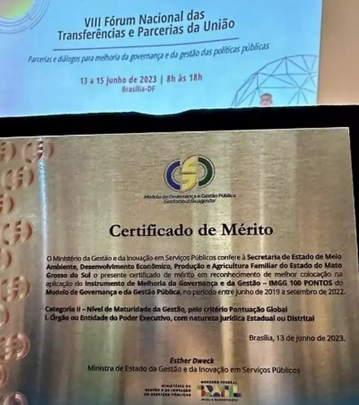 Gestão foi premiada com certificado de mérito reconhecido pelo Governo Federal. (Foto: Reprodução/Semadesc)