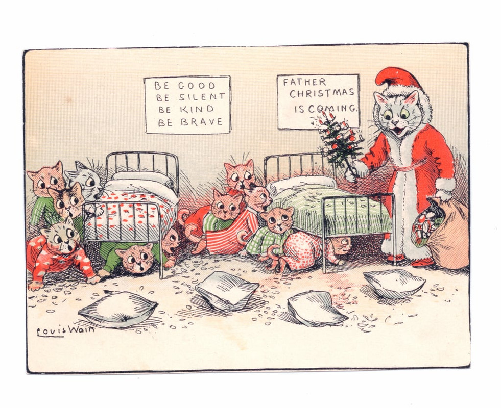 Louis_Wain_-_A_Victorian_greeting_card_of_kittens_cowering_in_fear_at_the_sight_of_a_cat_dres_-_(Mei