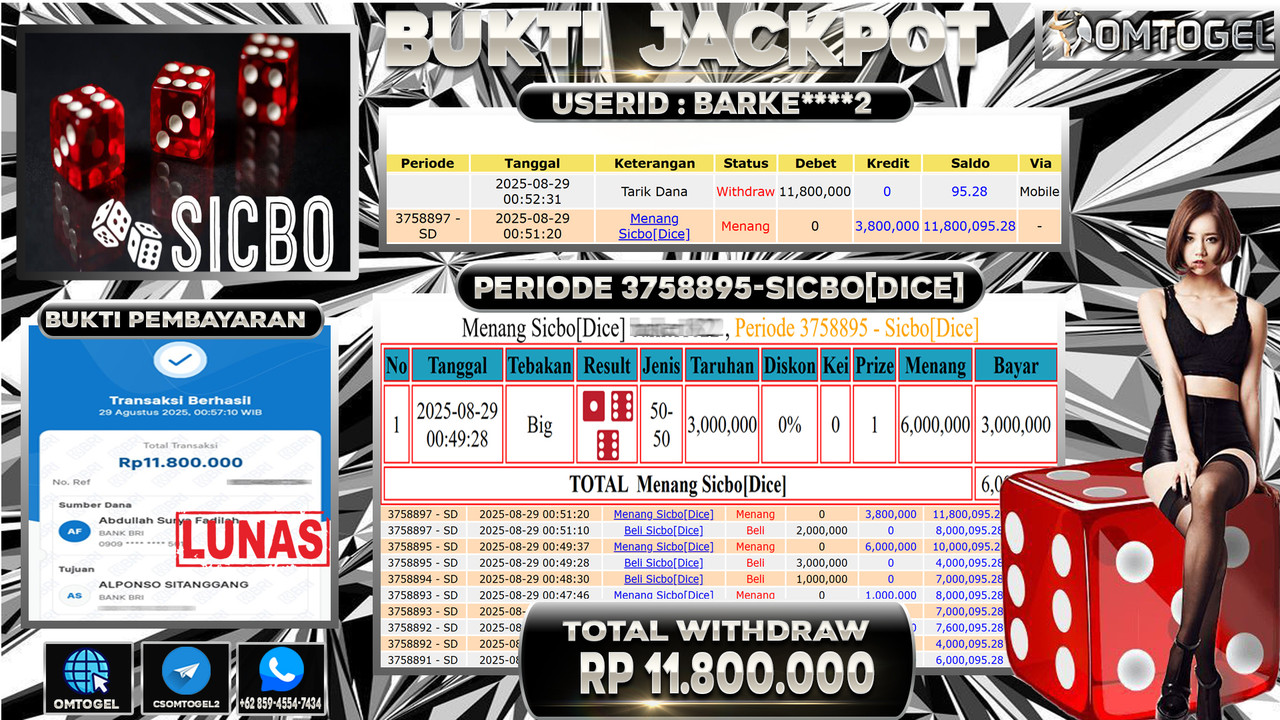 OMTOGEL JACKPOT LIVE GAMES SICBO DICE 11 JUTA DI BAYAR LUNAS ,-