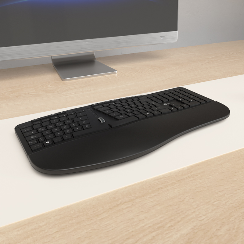 Teclado ergonómico inalámbrico KlipXtreme Transcend con diseño curvo dividido y reposamanos.