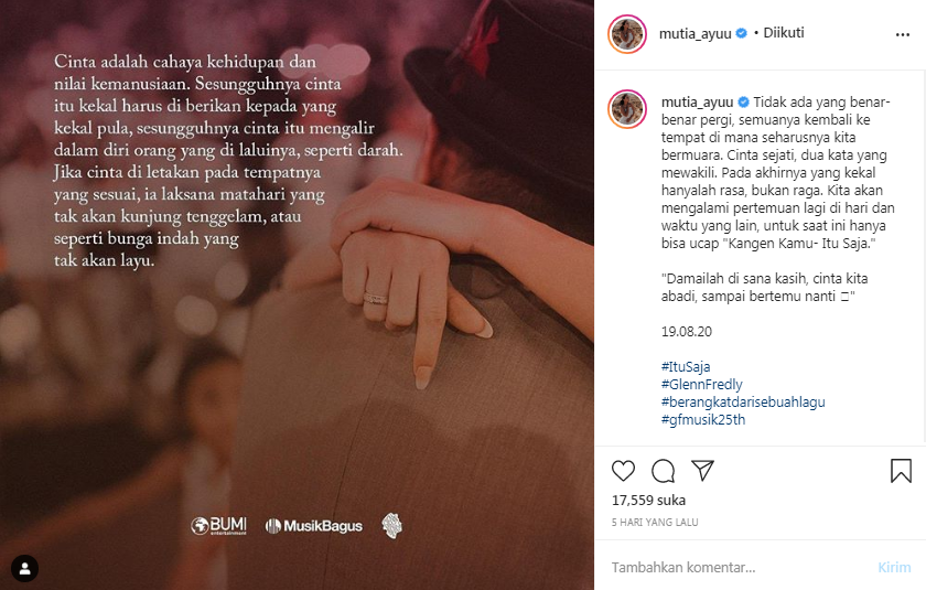 Mutia Ayu menuliskan kalimat cinta dan kerinduan untuk Glenn Fredly 