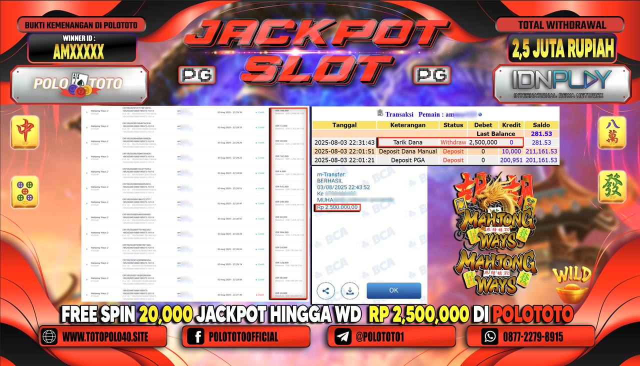 POLOTOTO JACKPOT SLOT MAHJONG WAYS 2 Rp.2.500.000,-LUNAS