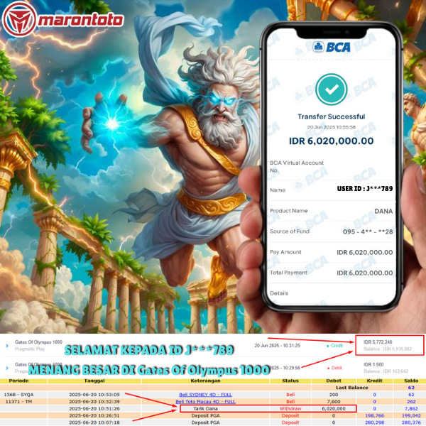  Bukti Kemenangan Member Marontoto Sebesar 6,020,000 JuTa