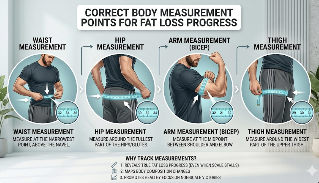 Diagram showing correct body measurement points for waist, hips, arms and thighs to track fat loss progress