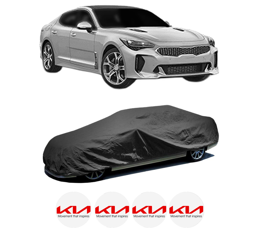 Husa tip prelata auto pentru KIA STINGER Hatchback Van (CK) din 2018, Culoare Negru, material textil impermeabil, rezistanta la intemperii praf UV, CARPASSION Husa Protectie, 4 Stickere auto cu KIA