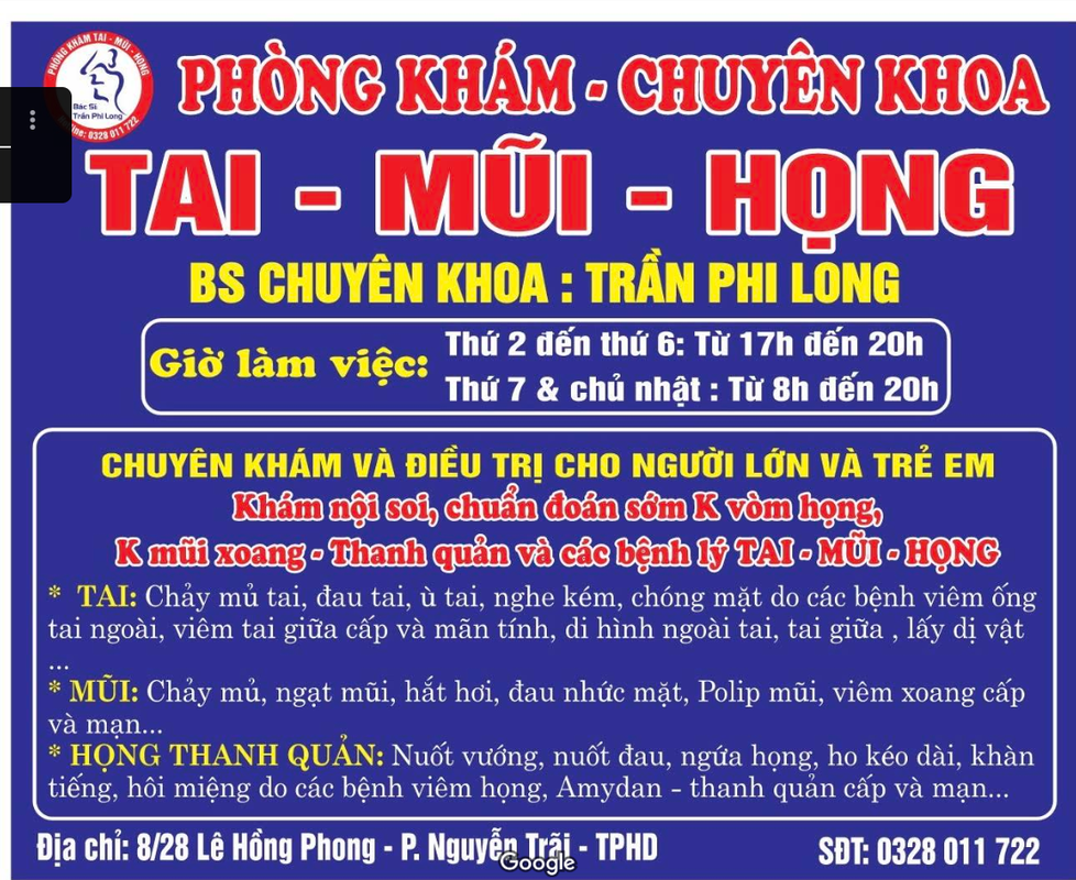 PHÒNG KHÁM TAI MŨI HỌNG Bác sĩ Chuyên Khoa1 TRẦN LONG