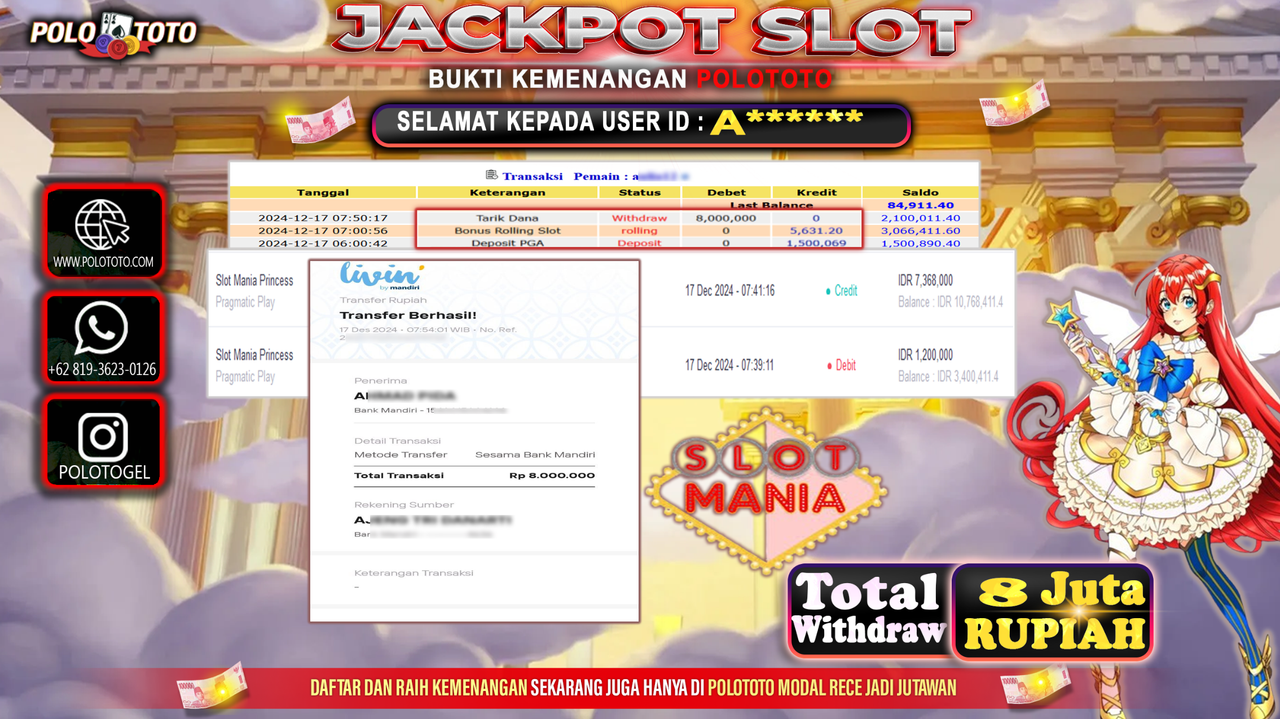 POLOTOTO JACKPOT SLOT MANIA PRINCESS Rp.8,000.000,-