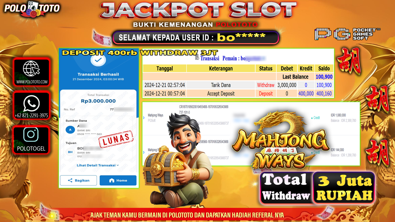 POLOTOTO JACKPOT SLOT MAHJONG WAYS Rp.3,000.000,-