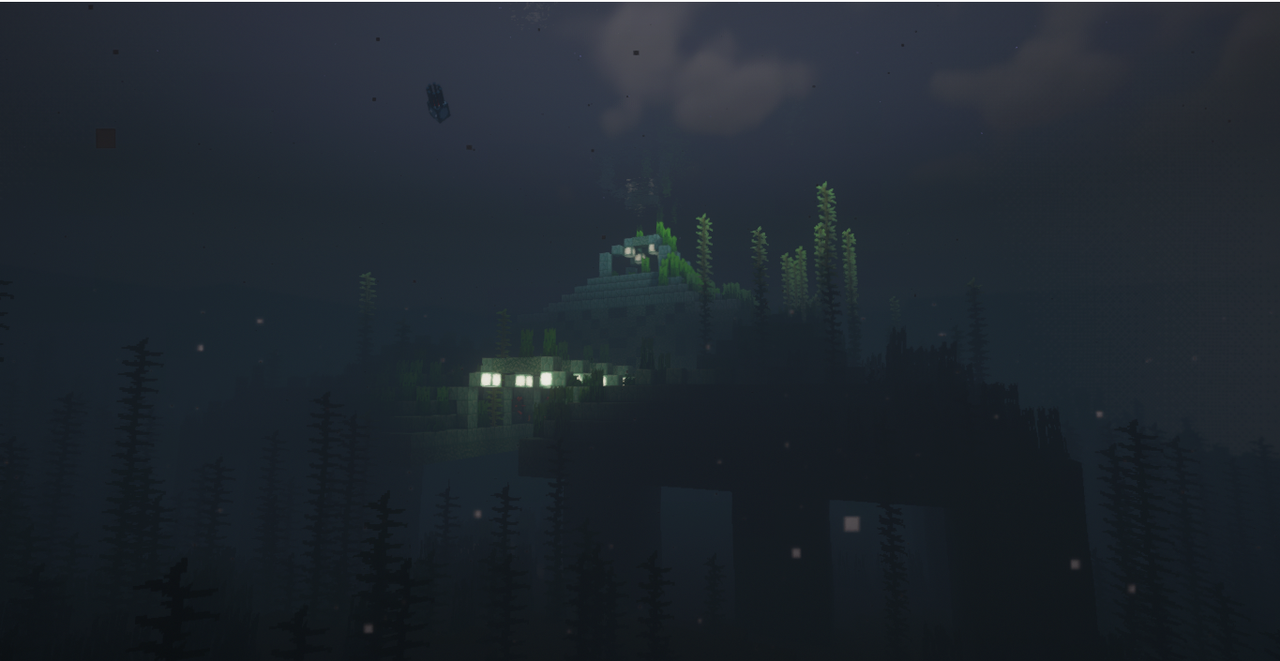 Had to take this in a rush, shaders and a truckload amounts of entities in the area don't mix very well with FPS. A Ocean Monument a few thousand blocks away from Home base.
