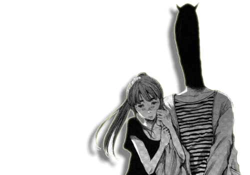 A gif of aiko tanaka clinging onto onodera punpun , next to them is text fading in ; one by one , that says " NORTON . . . guts ou clare " " S ♱ HE - White ⚢ Aro BPD " " Lover of goodnight punpun " . On the next text section it says " I also like horror berserk claymore saw saya no uta " and the last line states " goodnight ! " before shortly fading out . 