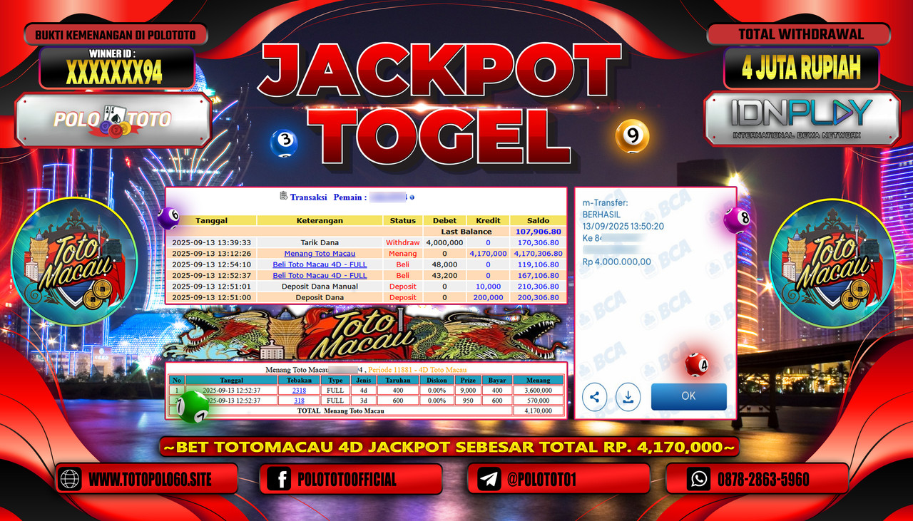 POLOTOTO JACKPOT TOGEL TOTO MACAU Rp.4.000.000,-LUNAS