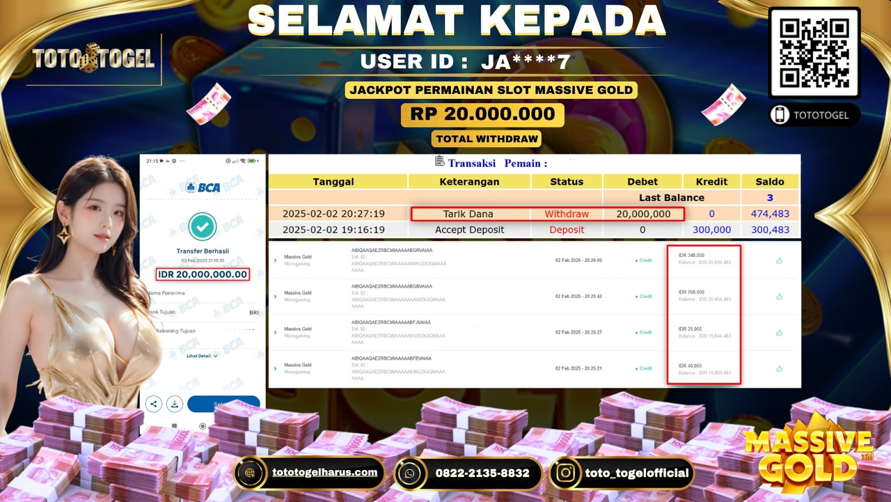 Bukti Pembayaran Jackpot  Permainan Slot Massive Gold  ID:JA***7 LUNAS