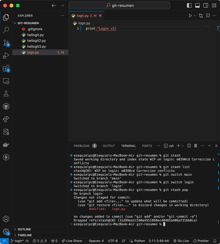 Regreso al estado almacenado en el stash Git stash
