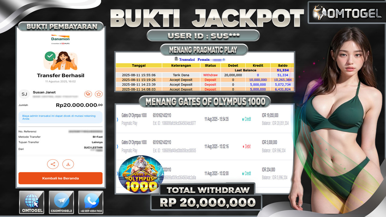 OMTOGEL JACKPOT PRAGMATIC PLAY GATES OF OLYMPUS 1000 20 JUTA DI BAYAR LUNAS ,-