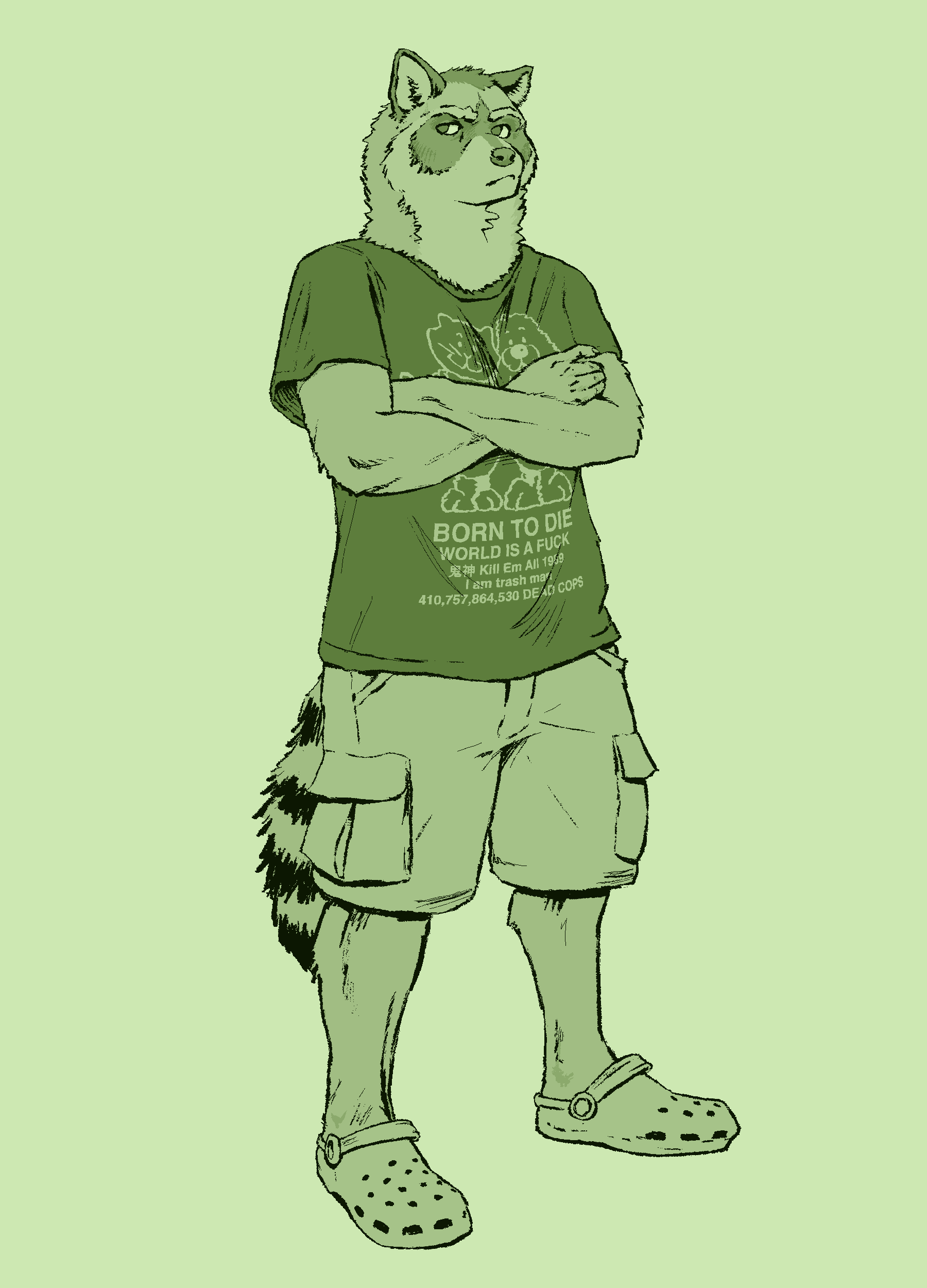 An anthro raccoon man crossing his arms and looking grumpy