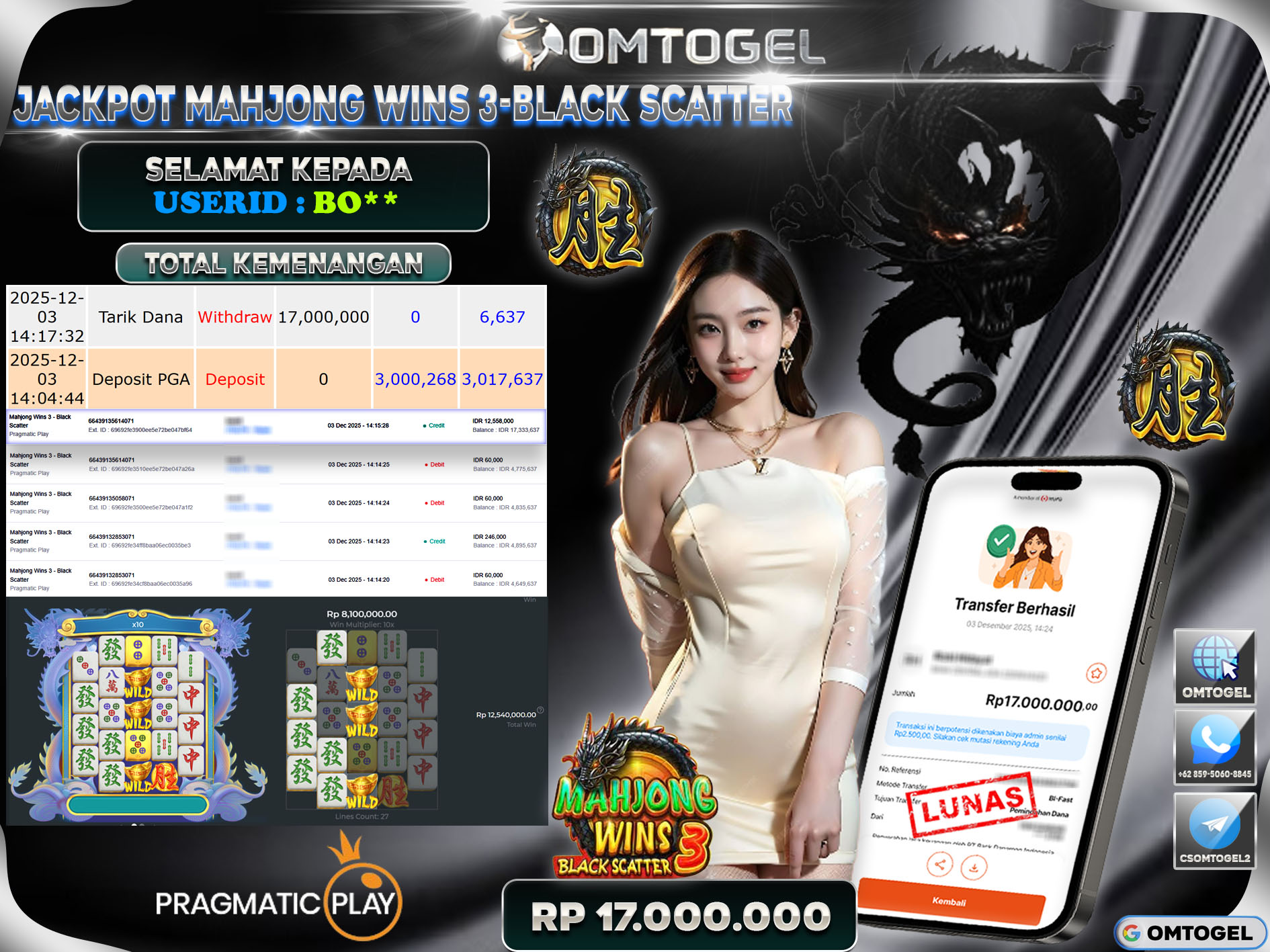 OMTOGEL JACKPOT PRAGMATIC PLAY MAHJONG WINS 3-BLACK SCATTER ,17 JUTA DI BAYAR LUNAS ,-