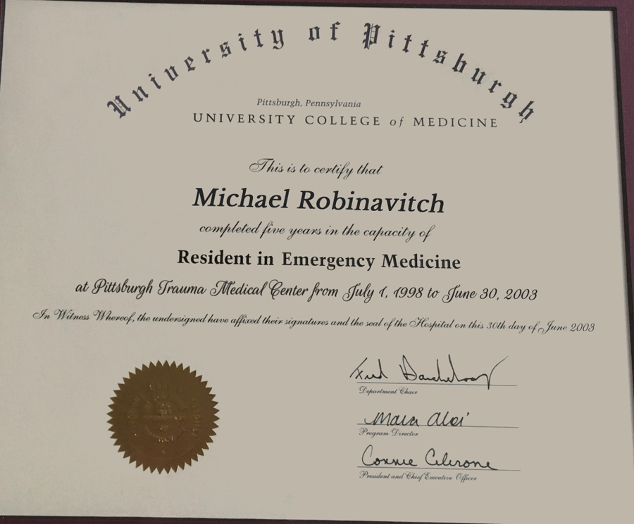 Robby's certificate for completing his emergency medicine residency