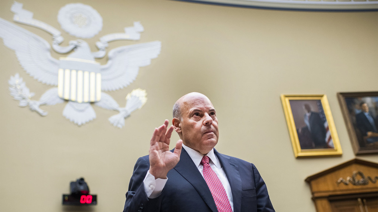 Louis DeJoy is sworn in before testifying during a House Oversight and Reform Committee hearing on the Postal Service in Washington on August 24, 2020