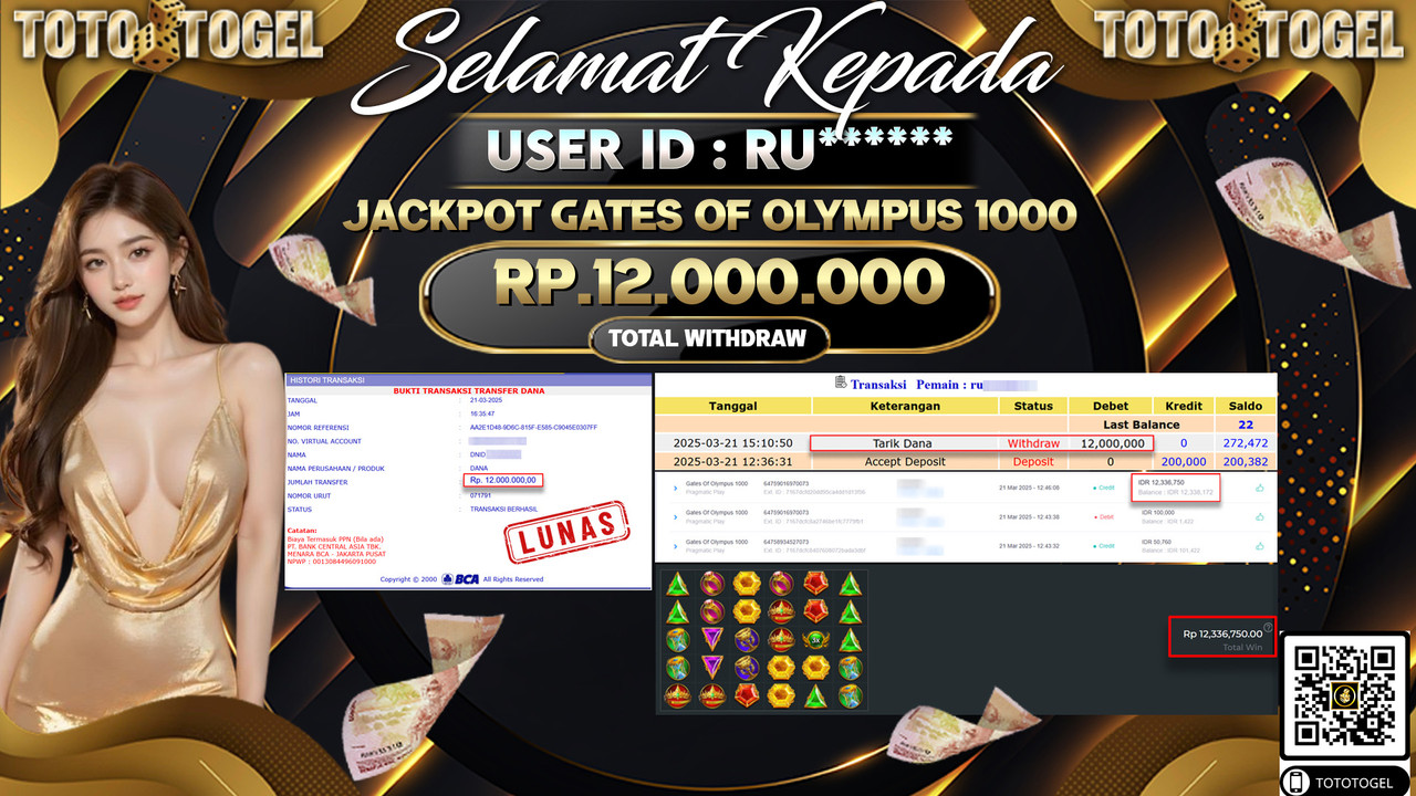 Bukti Pembayaran Jackpot  Permainan Slot Gates Of Olympus 1000 ID:RU***** LUNAS