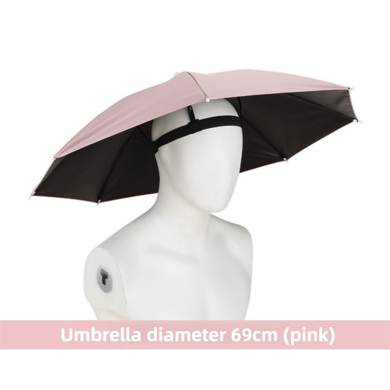 Pink Foldable Sun & Rain Umbrella Hat (Diameter 69CM) - 99% UV Potective and Wind/Rainproof Fishing Umbrella with Elastic Headband