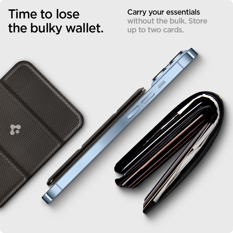 La billetera Spigen Smart Fold desplegada como un soporte para el iPhone.