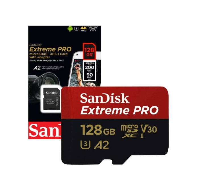 Tarjeta de memoria Micro SDXC Sandisk Extreme PRO de 128 GB.