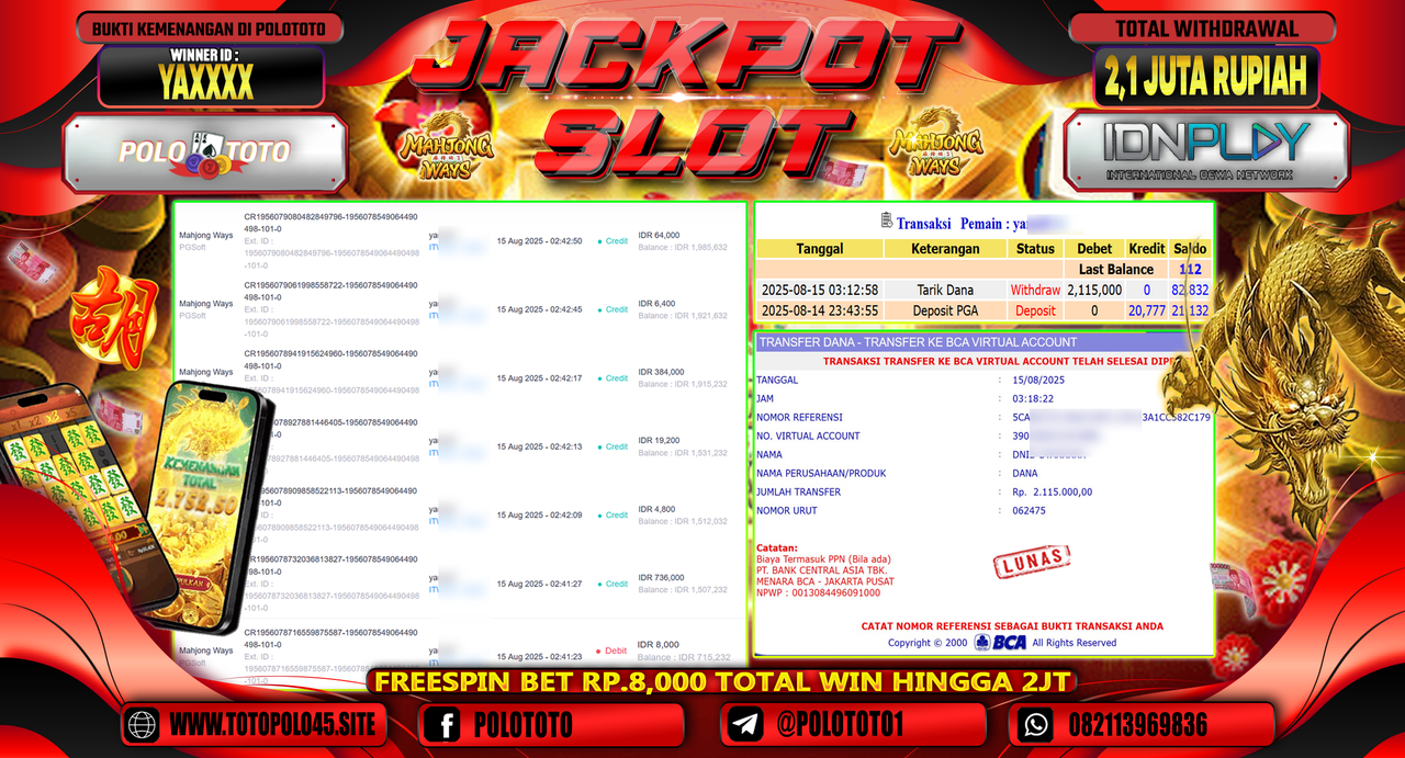 POLOTOTO JACKPOT SLOT MAHJONG WAYS Rp.2.100.000,-LUNAS
