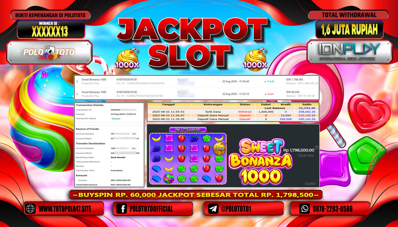 POLOTOTO JACKPOT SLOT SWEET BONANZA 1000 Rp.1.600.000,- LUNAS